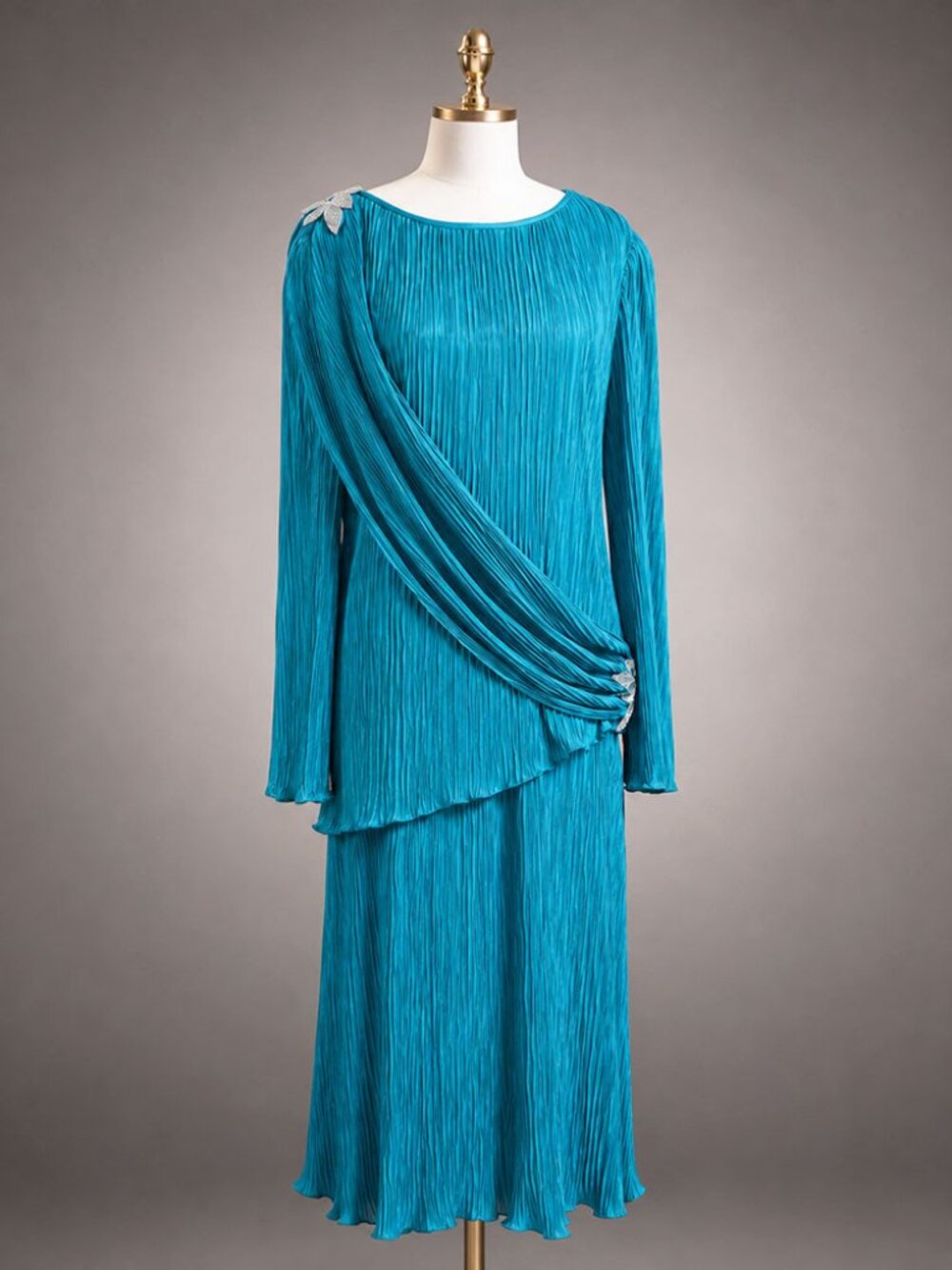 After Dark Aqua Crinkle Dress Silver Beaded Sequin Asymmetrical Overlay